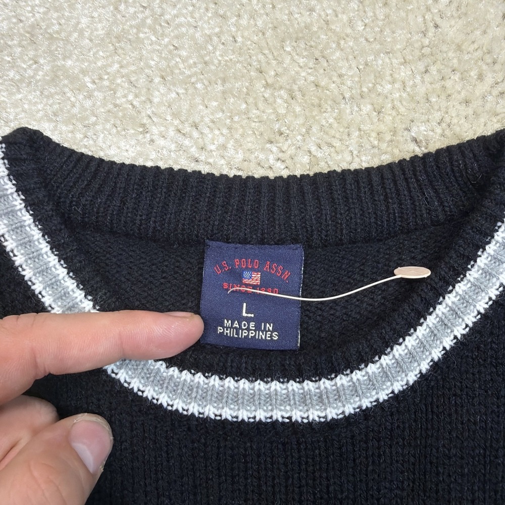 Vintage US Polo Assn Knit Sweater Mens Large Black White Spell Out Pullover - Picture 3 of 7